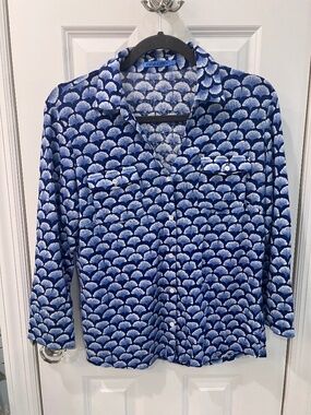 J. McLaughlin Size L Blue Gingko Palm Fan Print Linen Knit Button down